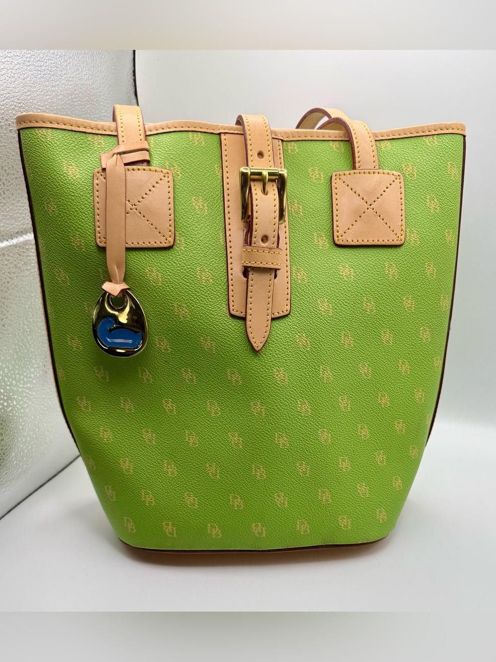 Vintage Dooney & Bourke Lime Green Monogram Bucket Bag Tote - Excellent!